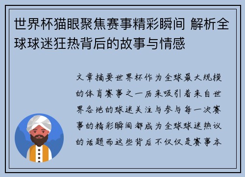 世界杯猫眼聚焦赛事精彩瞬间 解析全球球迷狂热背后的故事与情感